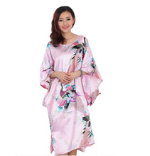 Load image into Gallery viewer, Women's Satin Tunic Plus Size crewneck batwing sleeve loose fit Dress Peacock and Blossoms Printed Kimono Nightgown