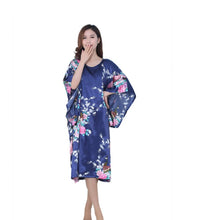 Load image into Gallery viewer, Women's Satin Tunic Plus Size crewneck batwing sleeve loose fit Dress Peacock and Blossoms Printed Kimono Nightgown