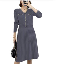 Load image into Gallery viewer, Women's V-neck Long Sleeve waisted long Sweater chunky cable knit warm dresses
