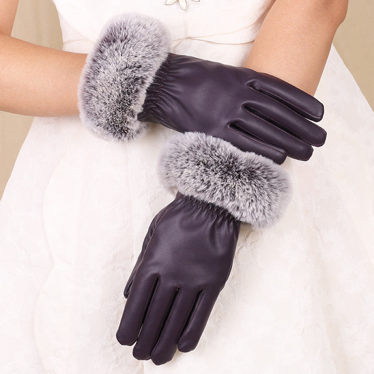Women's Elegant Warm Touch Screen faux fur & Leather Gloves