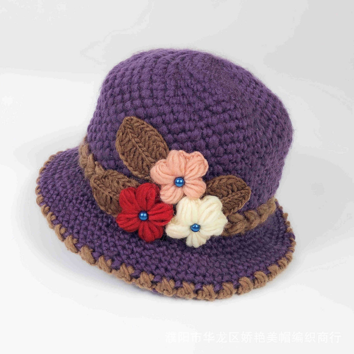 Women Warm Crocheted Bucket caps with embroidery fleece lining cloche hats