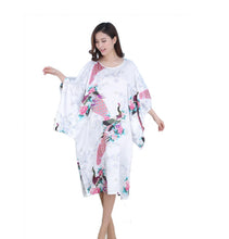 Load image into Gallery viewer, Women's Satin Tunic Plus Size crewneck batwing sleeve loose fit Dress Peacock and Blossoms Printed Kimono Nightgown