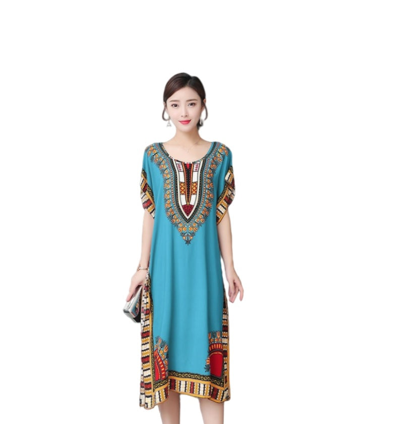 Women's Viscose Tunic Plus Size crewneck batwing sleeve loose fit Dress Bohemia Printed Kimono Nightgown