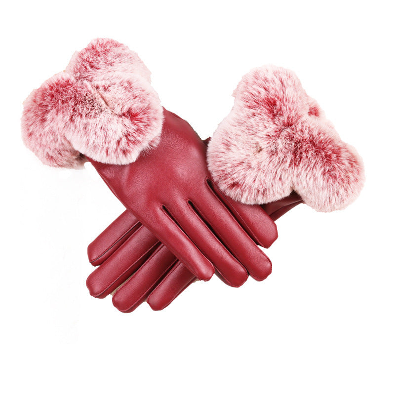 Women's Elegant Warm Touch Screen faux fur & leather(PU) Gloves