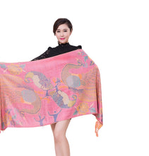 Load image into Gallery viewer, Women's warm double layer pashmina peacock pattern Shawl Wrap Scarf stole w/Fringe & w/gold line