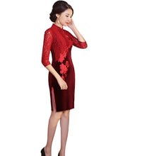 Load image into Gallery viewer, Women's elegant Lace velvet Mini Chinese Evening Dress Cheongsam