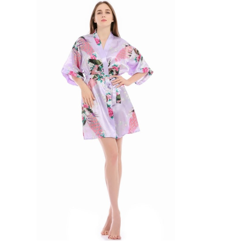 Women's Kimono short Robe with Peacock and Blossoms Pattern Printed Kimono Nightgown