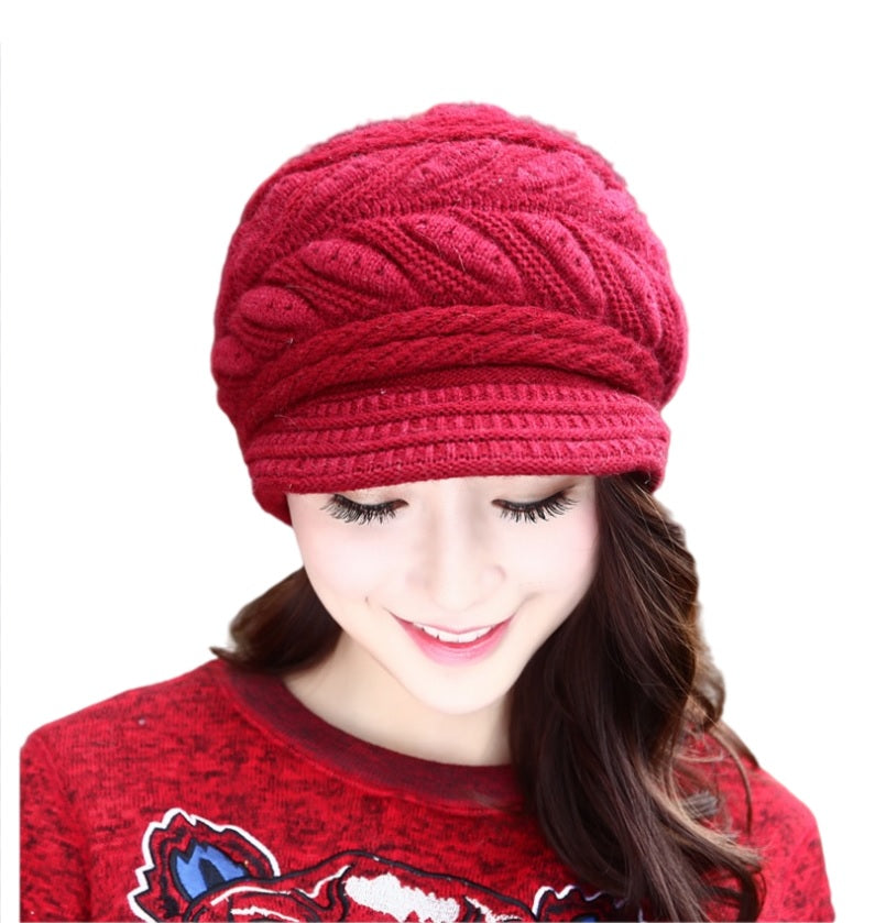 Women's solid visor chunky knit Warm fleece lined Hats rabbit fur Snow Ski Caps