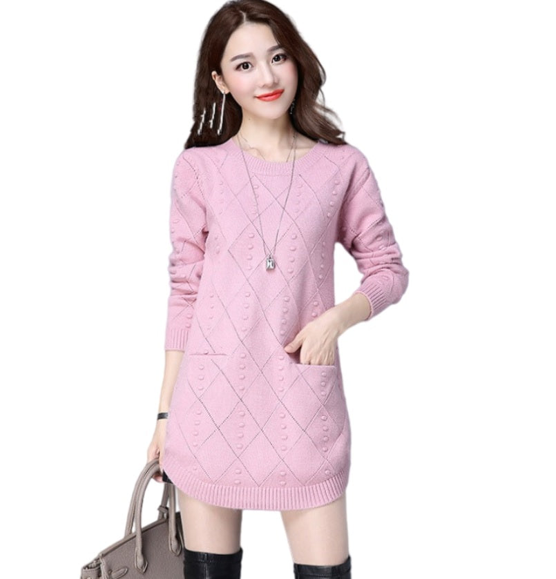 Women's crewneck diamond lattice long sweater with pocket knitted pullover for legging