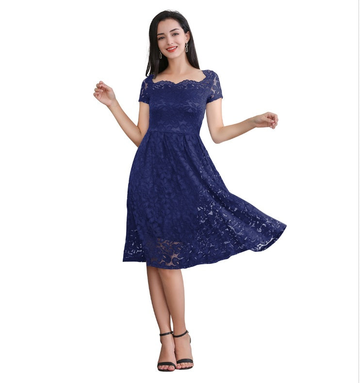 Women's Square Neck Cap Sleeve Floral Lace Bridesmaid Short knee length Prom Party Dress