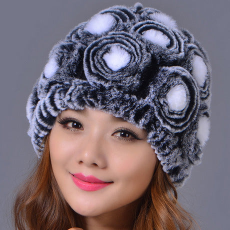 Women's warm fluffy fur beanie hats chunky cable Crocheted caps