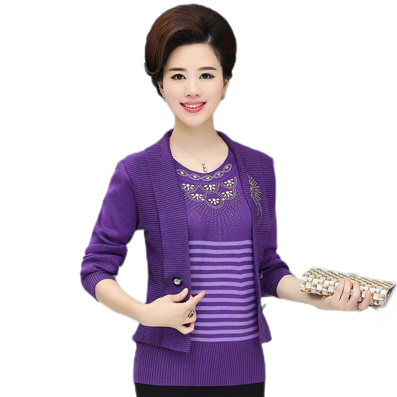 Women's Long Sleeve crewneck Fake Two Pieces shiny embroidery knitted casual slim sweater
