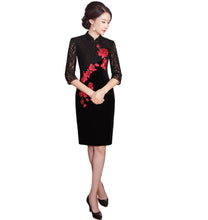 Load image into Gallery viewer, Women's elegant Lace velvet Mini Chinese Evening Dress Cheongsam