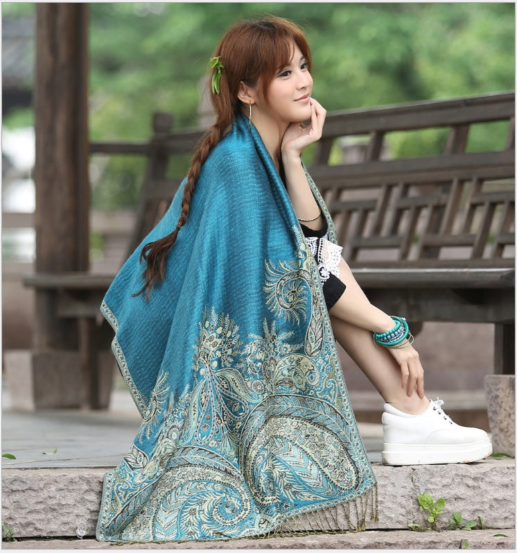 Women's pashmina paisley pattern two layer Scarves with gold line