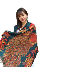 Load image into Gallery viewer, Women's warm double layer pashmina peacock pattern Shawl Wrap Scarf stole w/Fringe & w/gold line