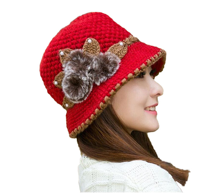 Women‘s warm chunky cable Crocheted bucket hats solid fur floral casual caps