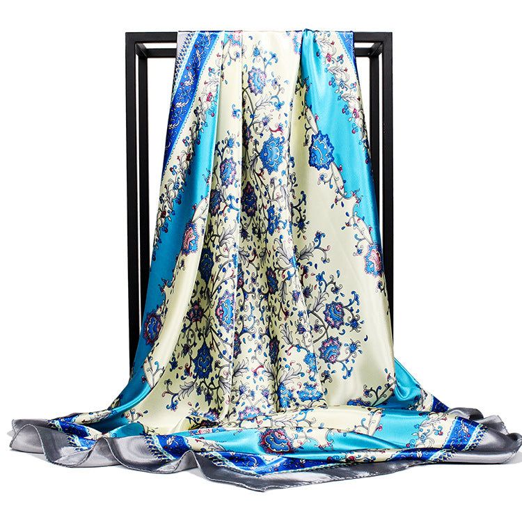 Elegant Chinese Style Large Silk-Feel Square Scarf Shawl – Vintage Blue Floral Print