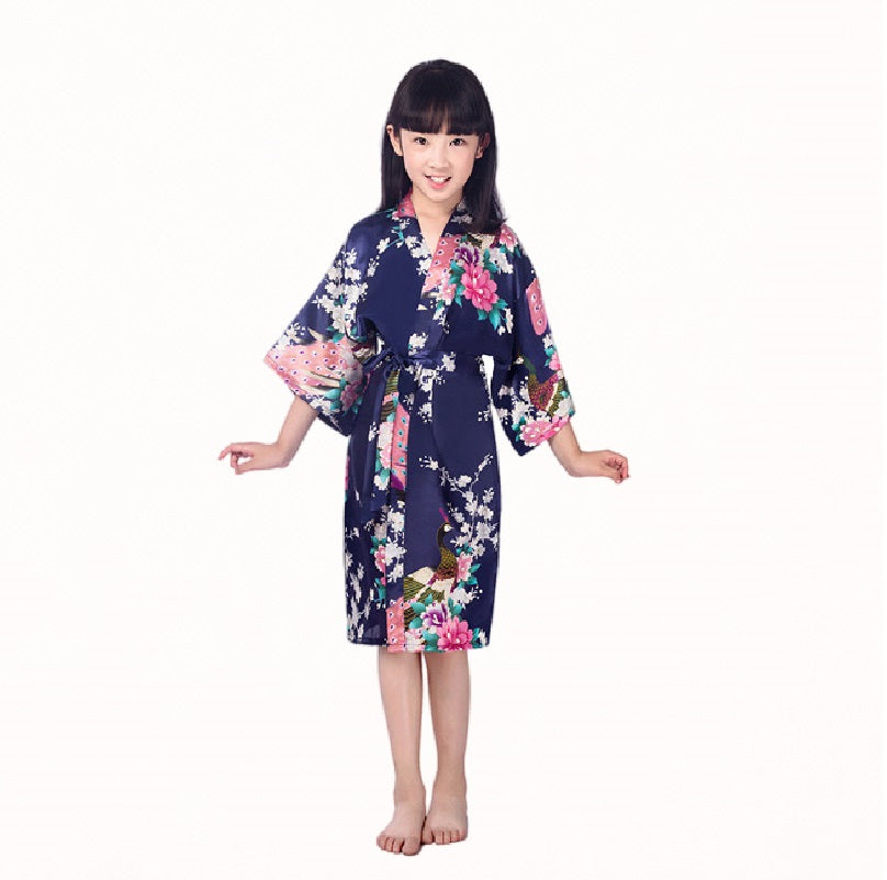 Pyjama chemise de nuit soyeuse kimono en satin paon pour enfant Premium peignoir de douche 