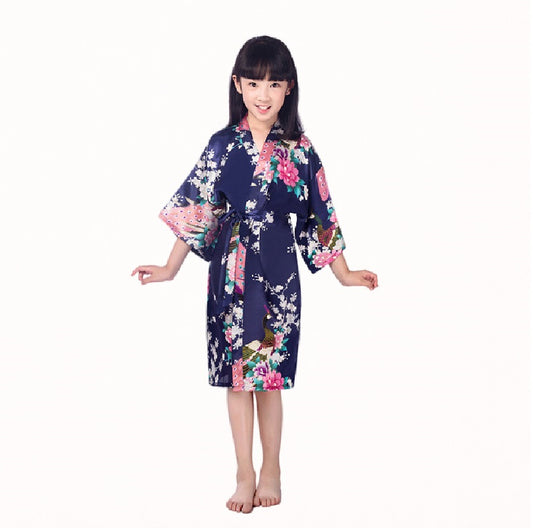 Girls Floral Satin Kimono Robe – Elegant Peacock Print Kids Yukata Dress
