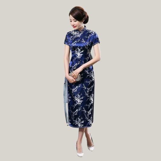 Stand Collar Vintage  Short Sleeve  Long cheongsam with Classic pattern
