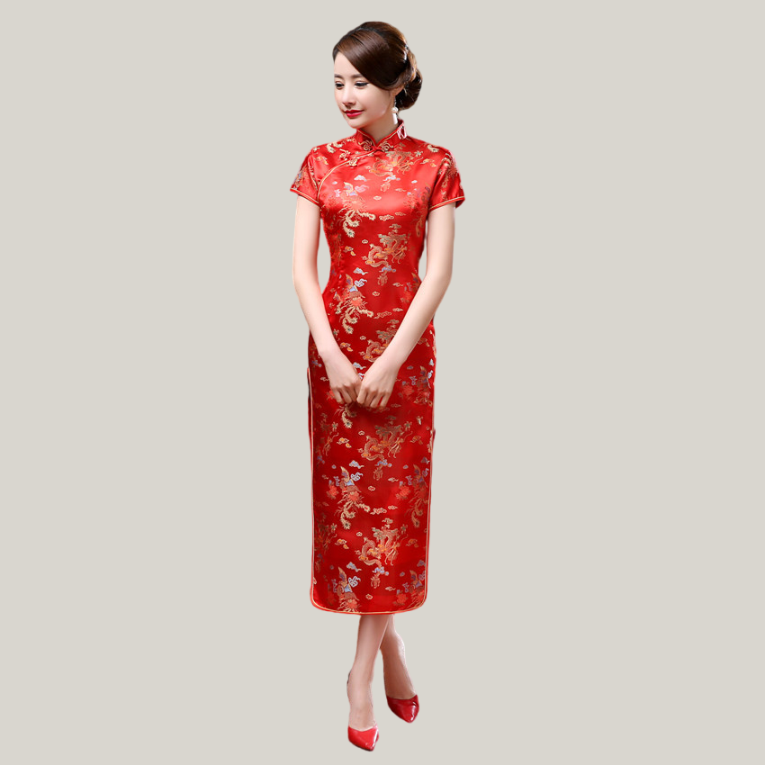 Stand Collar Vintage  Short Sleeve  Long cheongsam with Classic pattern