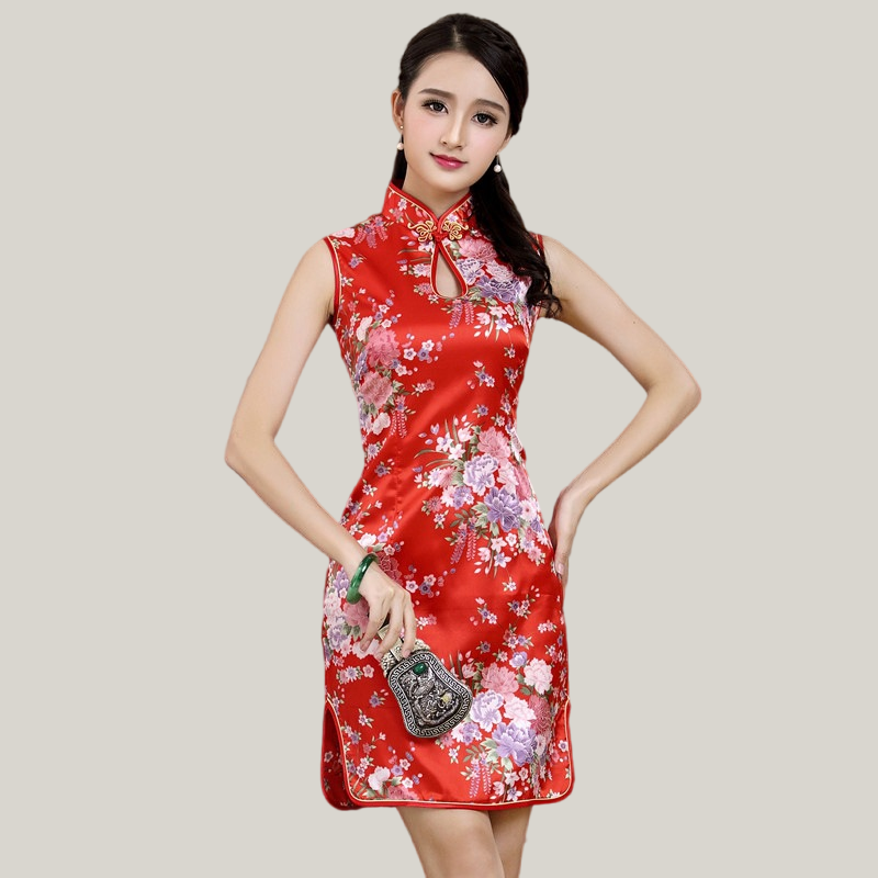Col montant femme Sans manches Motif Paon Classique Cheongsam Court Qipao