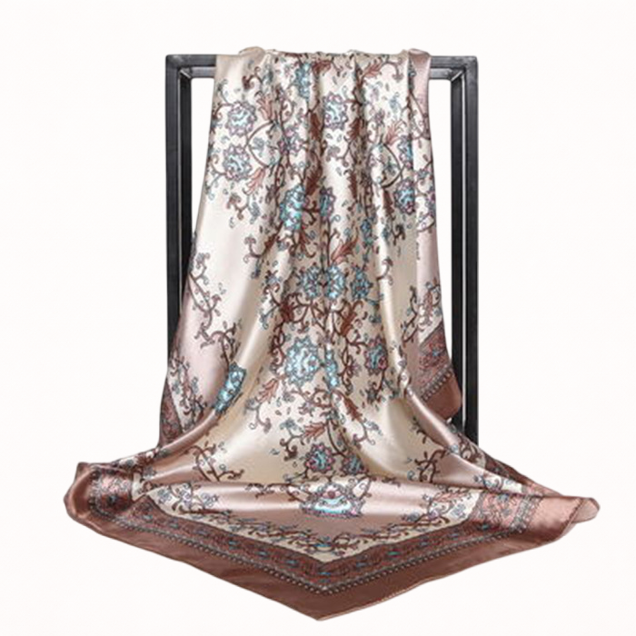 Elegant Chinese Style Large Silk-Feel Square Scarf Shawl – Vintage Blue Floral Print