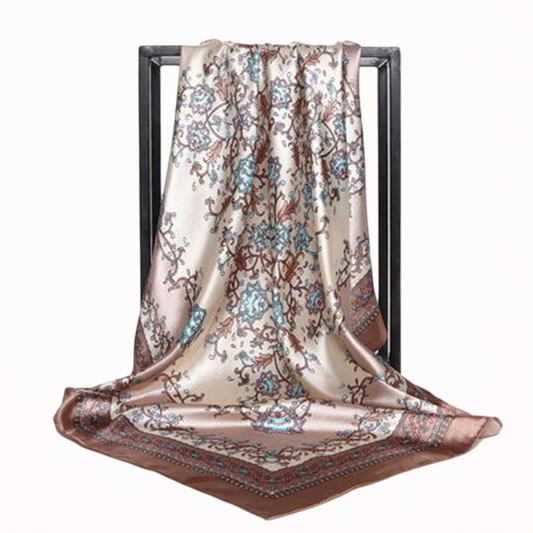 Elegant Chinese Style Large Silk-Feel Square Scarf Shawl – Vintage Blue Floral Print