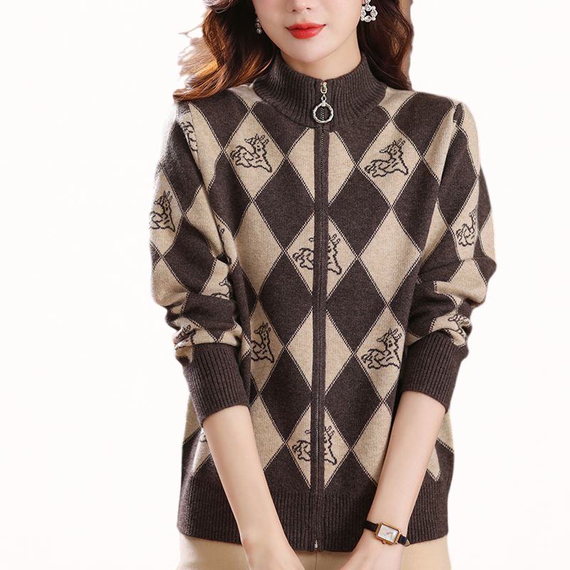 Women’s Zip-Up Knit Cardigan – Soft Comfortable Argyle Sweater for Casual Everyday Wear