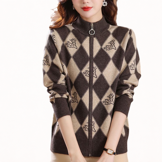 Women’s Zip-Up Knit Cardigan – Soft Comfortable Argyle Sweater for Casual Everyday Wear
