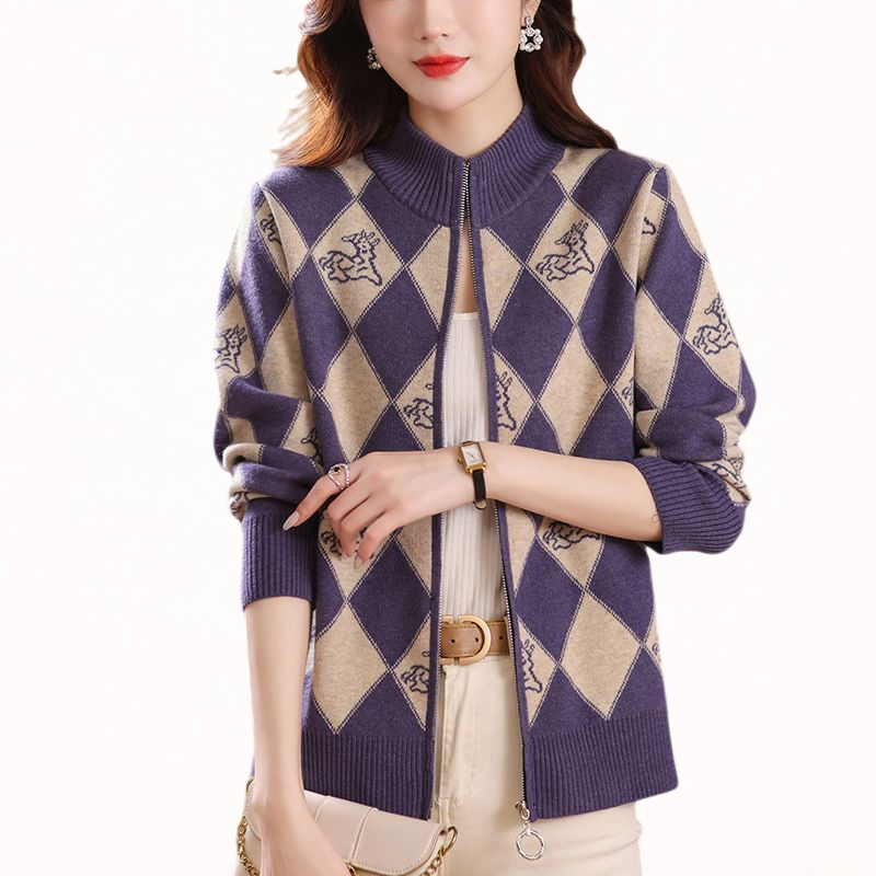 Women’s Zip-Up Knit Cardigan – Soft Comfortable Argyle Sweater for Casual Everyday Wear