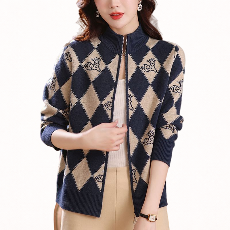 Women’s Zip-Up Knit Cardigan – Soft Comfortable Argyle Sweater for Casual Everyday Wear