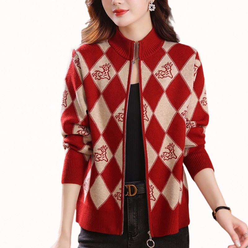 Women’s Zip-Up Knit Cardigan – Soft Comfortable Argyle Sweater for Casual Everyday Wear