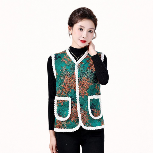 Elegant Floral Quilted Vest – Lightweight Warm Chinese Style Jacket (Spring & Fall)