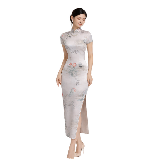 Elegant Floral Silk Qipao – Premium Soft & Skin-Friendly Cheongsam Dress