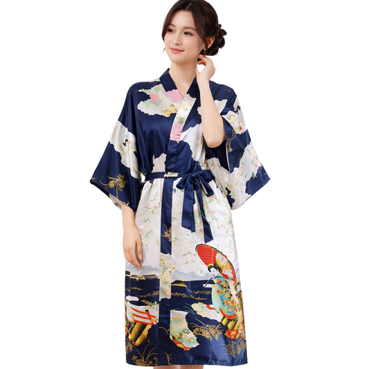Robe pour femme avec peinture traditionnelle des figures de dames japonaises Chemise de nuit Kimono imprimé fleurs 