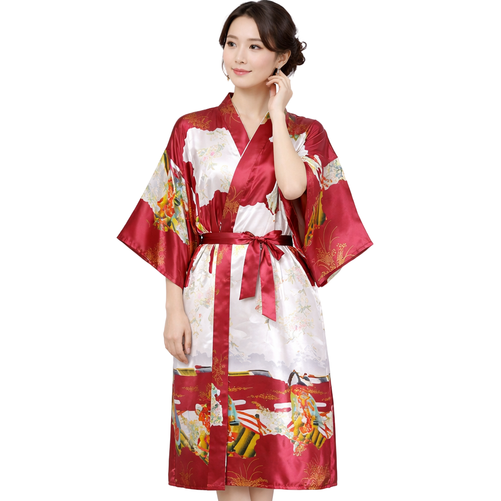 Elegant Japanese Beauty Kimono Robe – Faux Silk Satin, Lightweight & Graceful