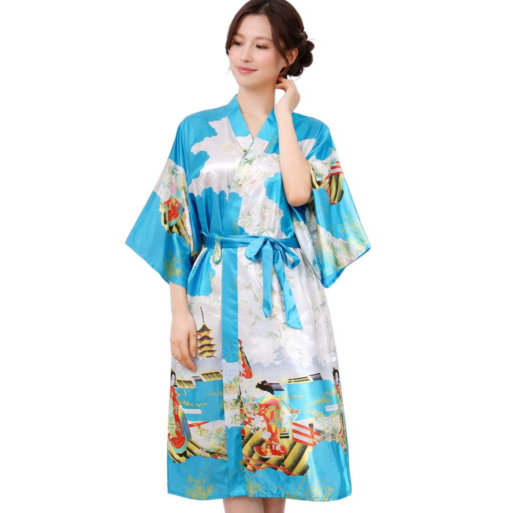 Elegant Japanese Beauty Kimono Robe – Faux Silk Satin, Lightweight & Graceful