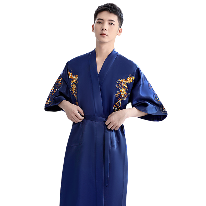 Men’s Embroidered Dragon Kimono Robe – Fortune & Longevity Design