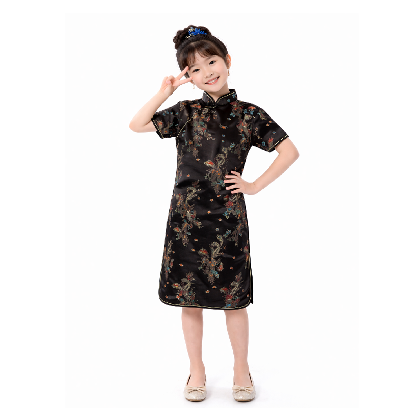 Girls Traditional Dragon & Phoenix Brocade Cheongsam Dress – Elegant Chinese Qipao for Kids