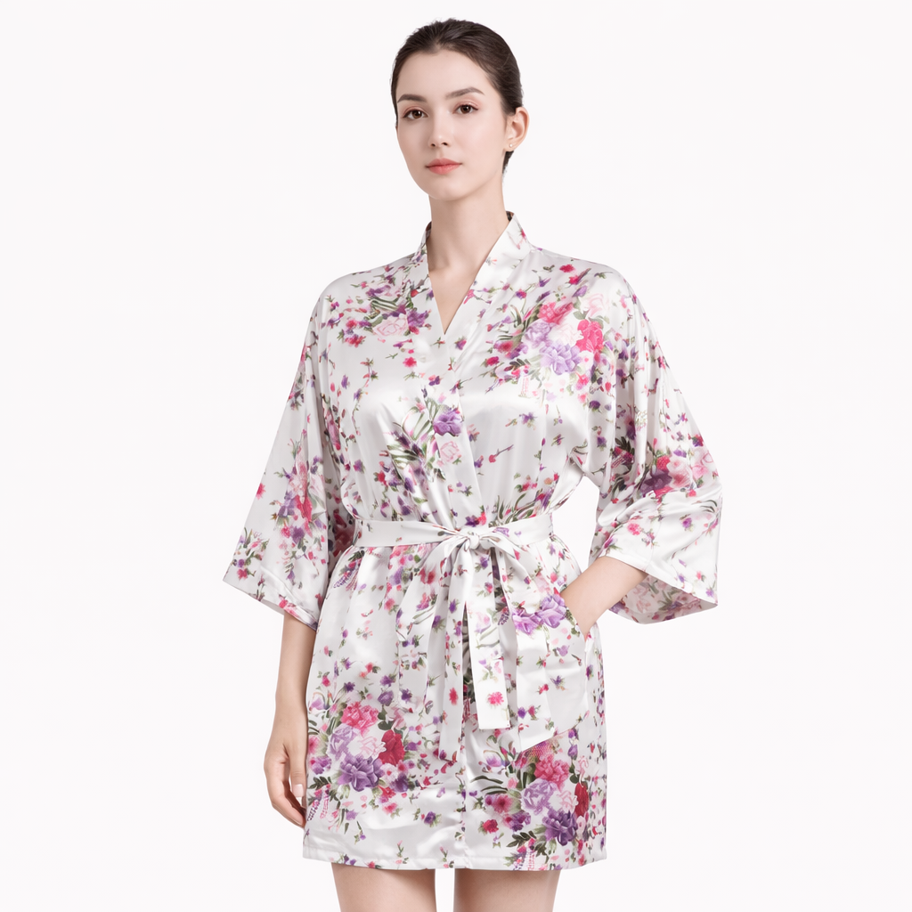 Floral Satin Kimono Robe – Short Silk-Like Bridal & Lounge Robe