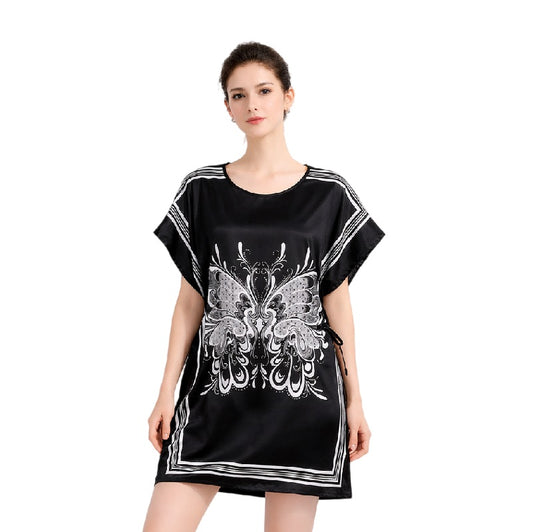 Elegant Satin Peacock Print Lounge Dress – Lightweight Kimono Style Home & Vacation Wear