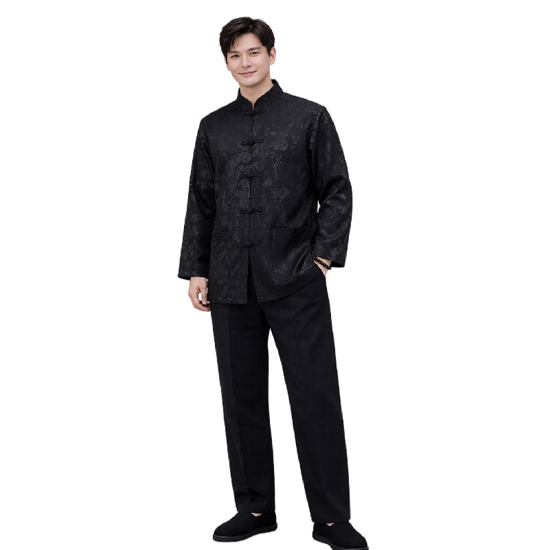 Men’s Dragon Jacquard Silk-Like Tang Suit Set – Lightweight Tai Chi & Kung Fu Outfit