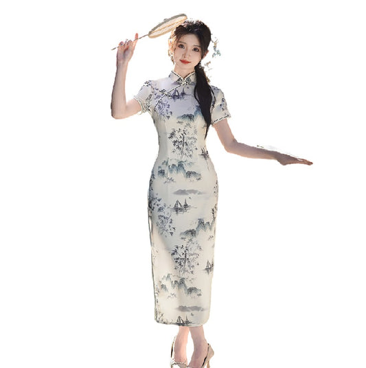 Elegant Chinese Landscape Cheongsam – Bamboo & Mountain Ink Print Slim Fit Qipao Dress