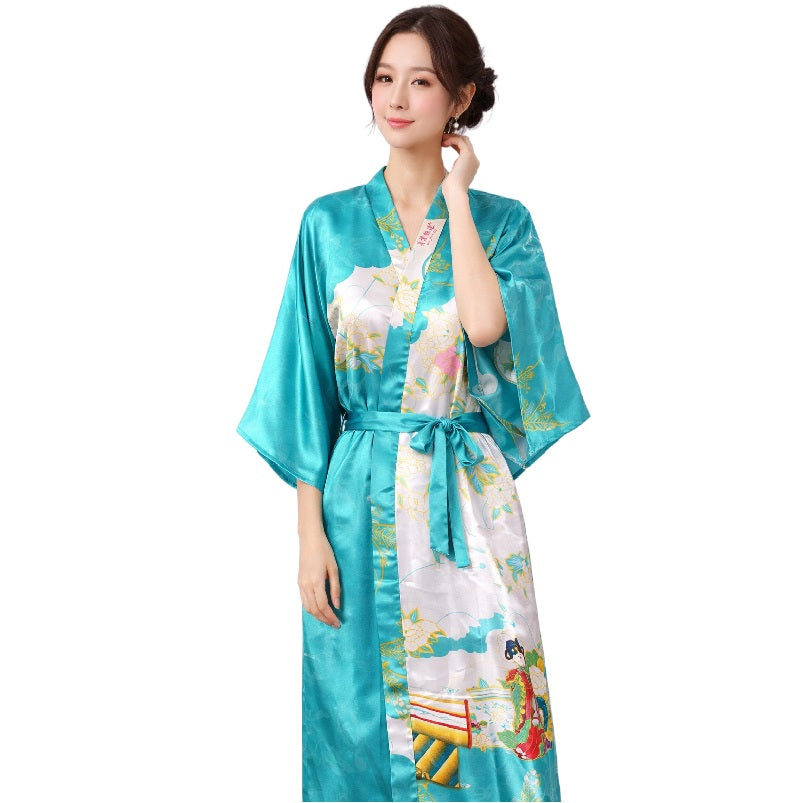Elegant Japanese Beauty Kimono Robe – Faux Silk Satin, Lightweight & Graceful