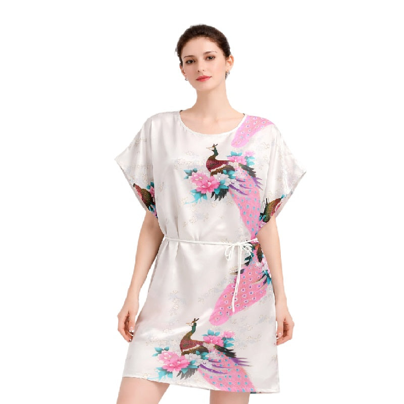 Elegant Satin Peacock Print Lounge Dress – Lightweight Kimono Style Home & Vacation Wear