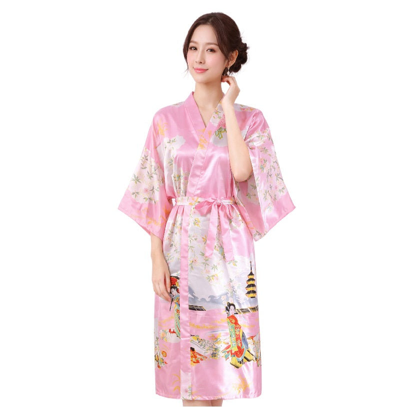 Elegant Japanese Beauty Kimono Robe – Faux Silk Satin, Lightweight & Graceful