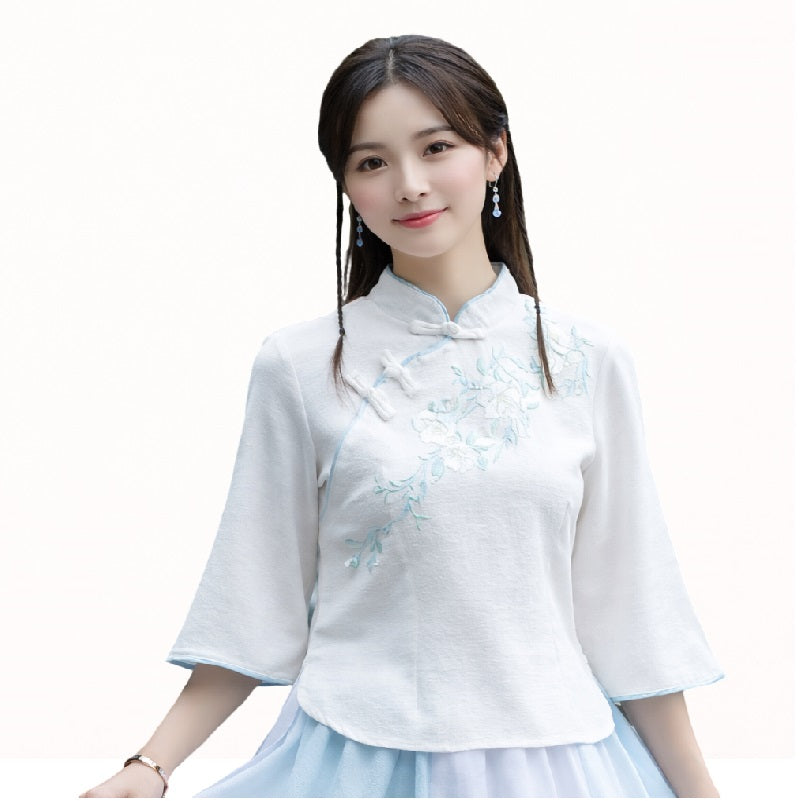 Elegant Embroidered Chinese Style Top – Soft Modal Fabric, Slim Fit Blouse