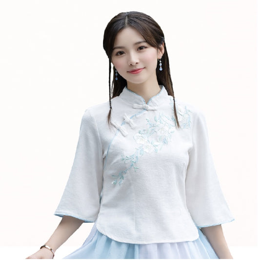 Elegant Embroidered Chinese Style Top – Soft Modal Fabric, Slim Fit Blouse