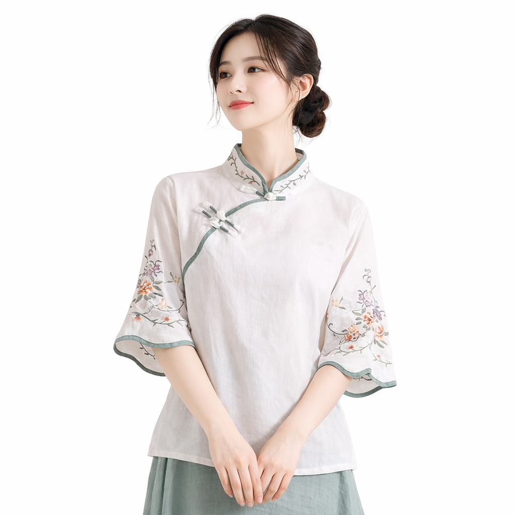 Vintage Chinese Embroidered Linen Blouse – Elegant Republic Style Top